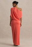 Ronnie Coral Satin Asymmetric Neck Maxi Dress With Draping Detail
