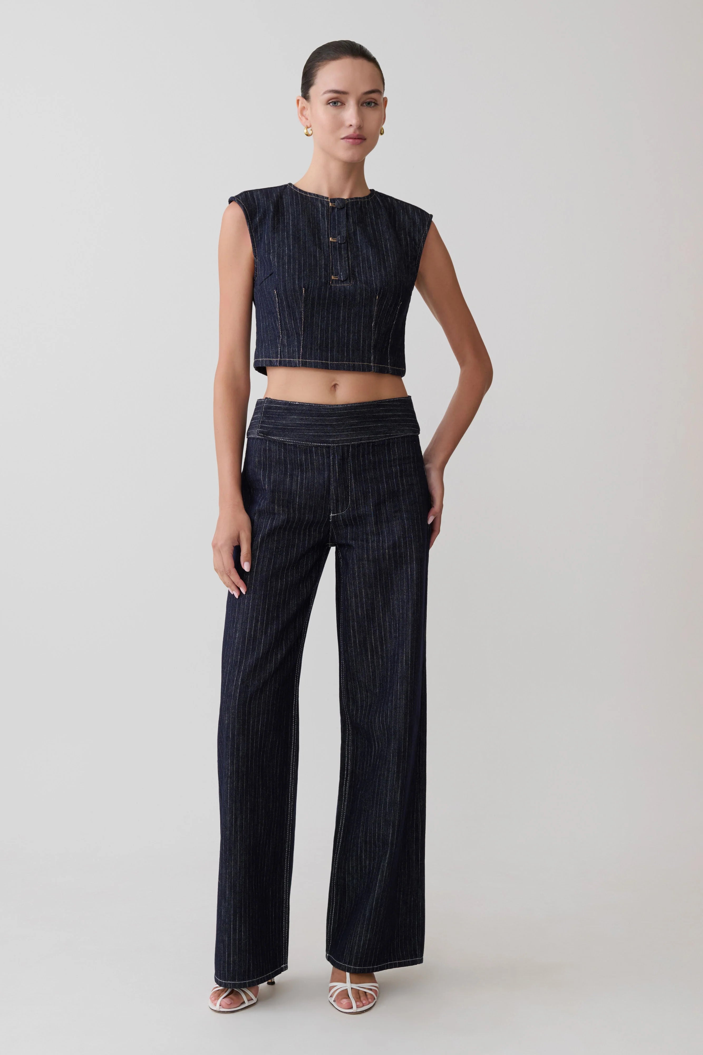 Loraine Sleeveless Denim Top Indigo Pinstripe