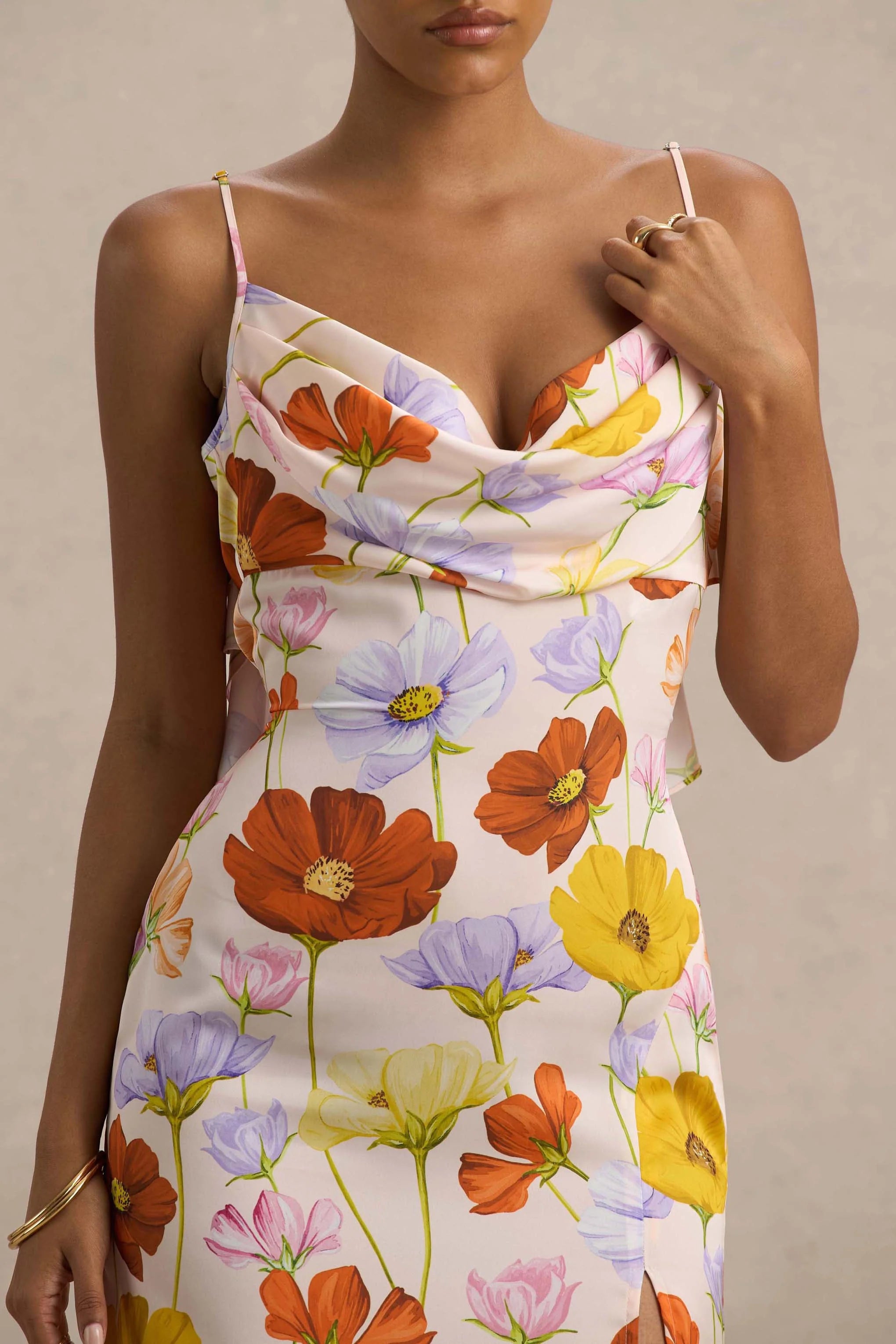Thames Bright Floral Print Satin Cowl Neck Maxi Dress