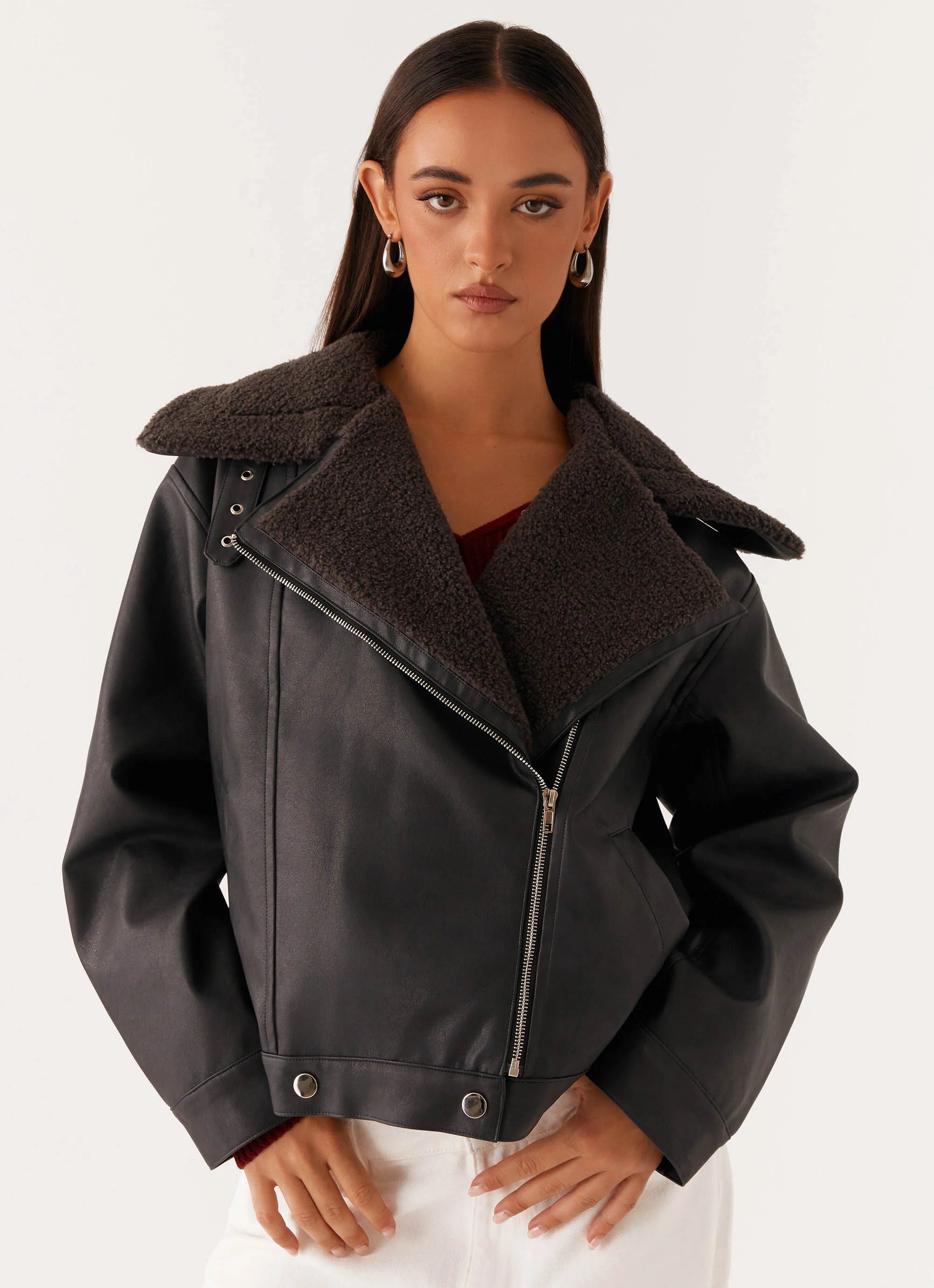 Inka PU Leather Shearling Jacket Charcoal