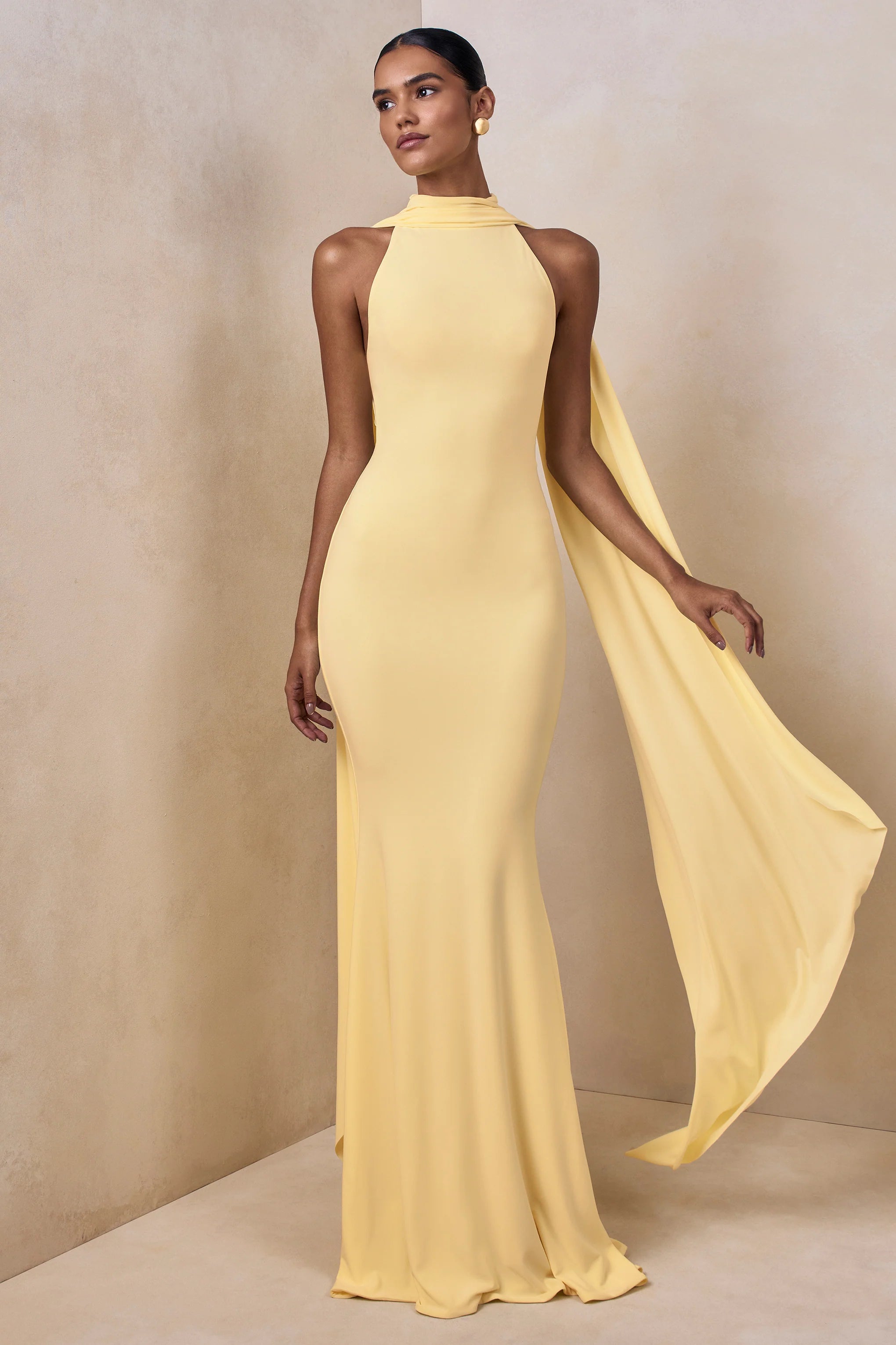 Cordy Lemon High Neck Maxi Dress With Cape