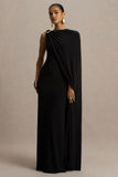 Cressida Black Asymmetric Neck Maxi Dress With Cape And Gold Detail