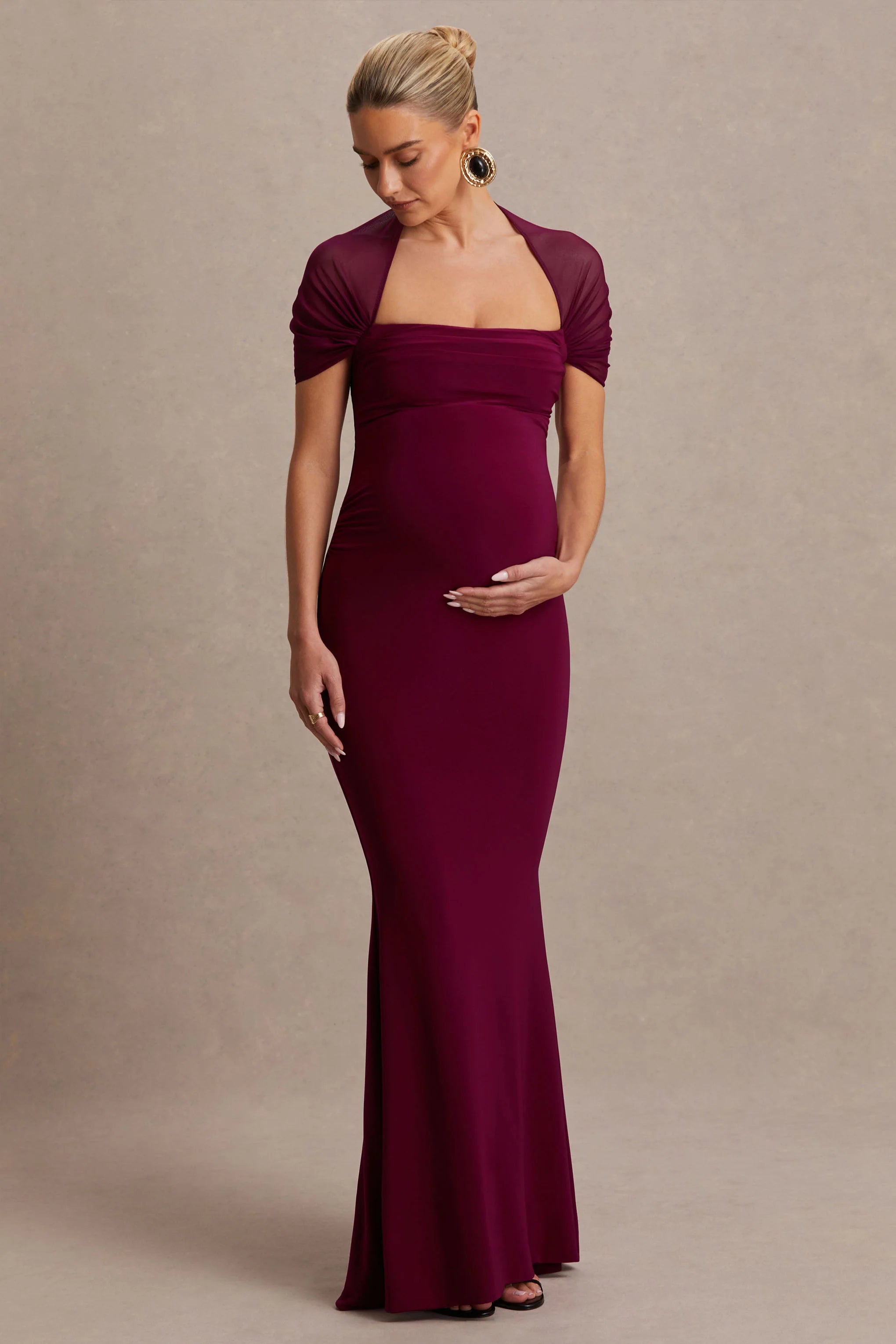 Dome Burgundy Square Neck Mesh Sleeve Maternity Maxi Dress