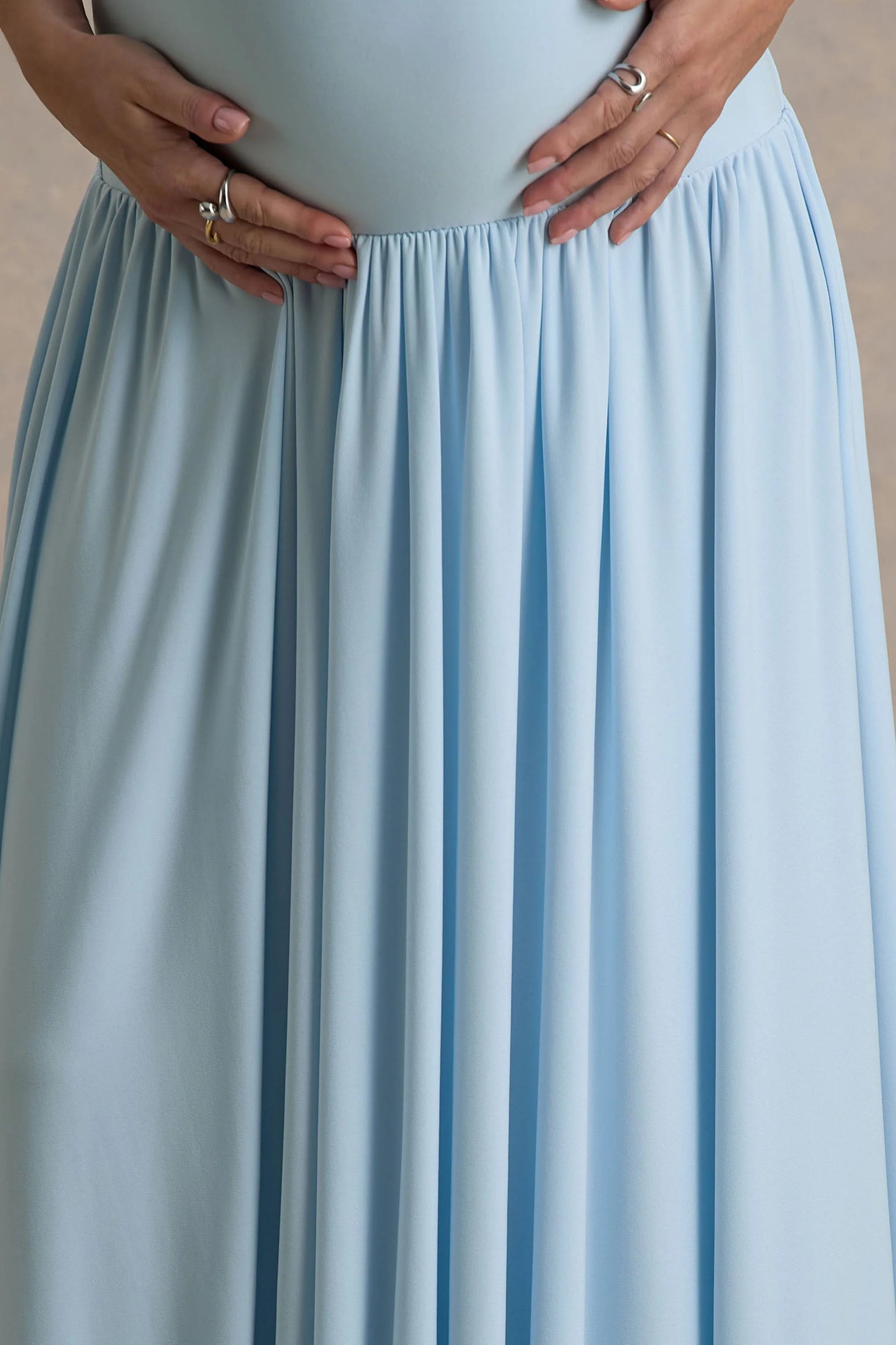 Outline Powder Blue Crew Neck Maternity Maxi Dress With Pleated Skirt