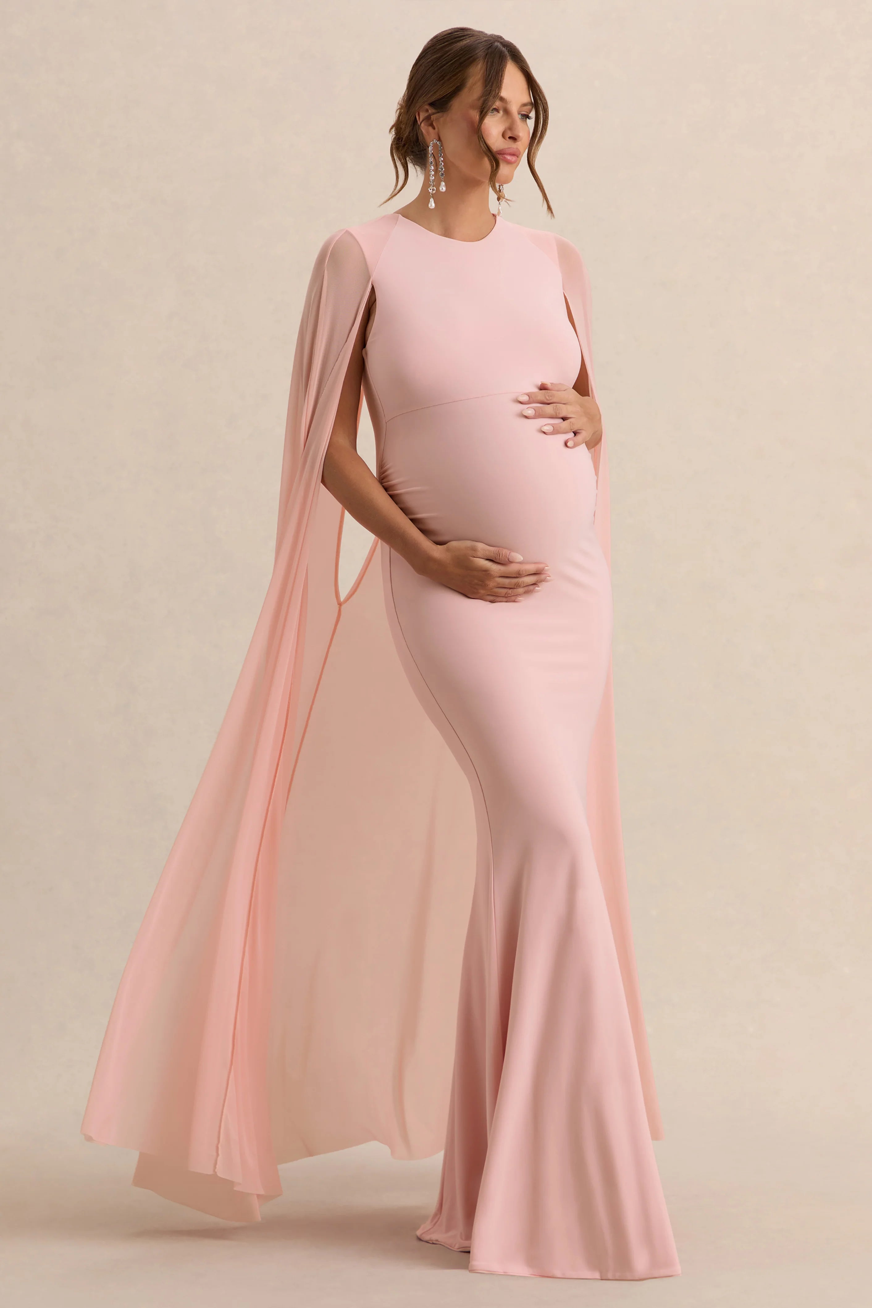 Currant Pink Crew Neck Maternity Maxi Dress With Cape