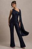 Star Seeker Navy Sequin One Shoulder Cape Sleeve Jumpsuit