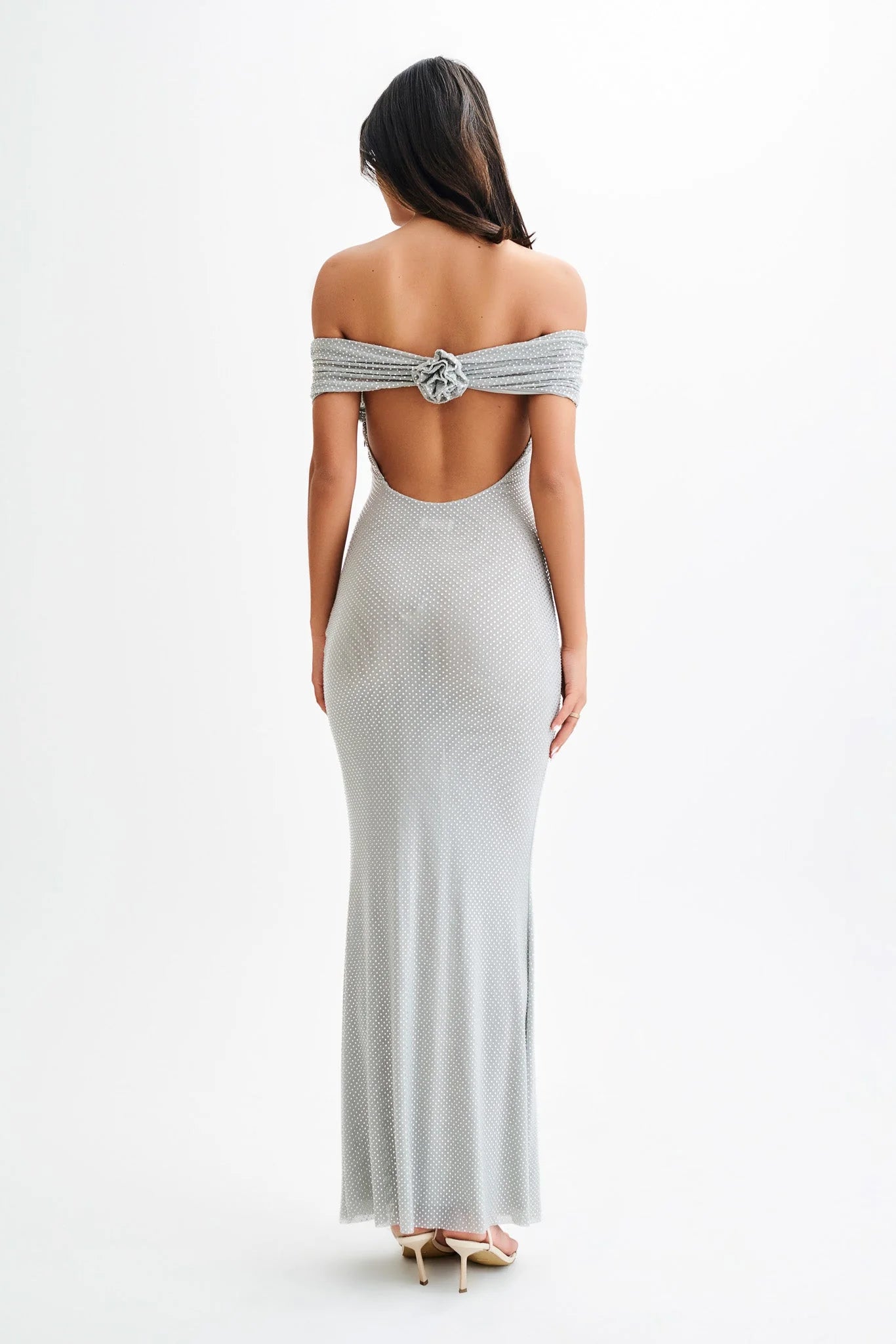 Arna Off Shoulder Diamante Maxi Dress Silver