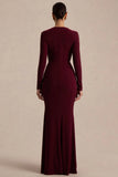 Command Burgundy Plunge Neck Maxi Dress With Front High Split