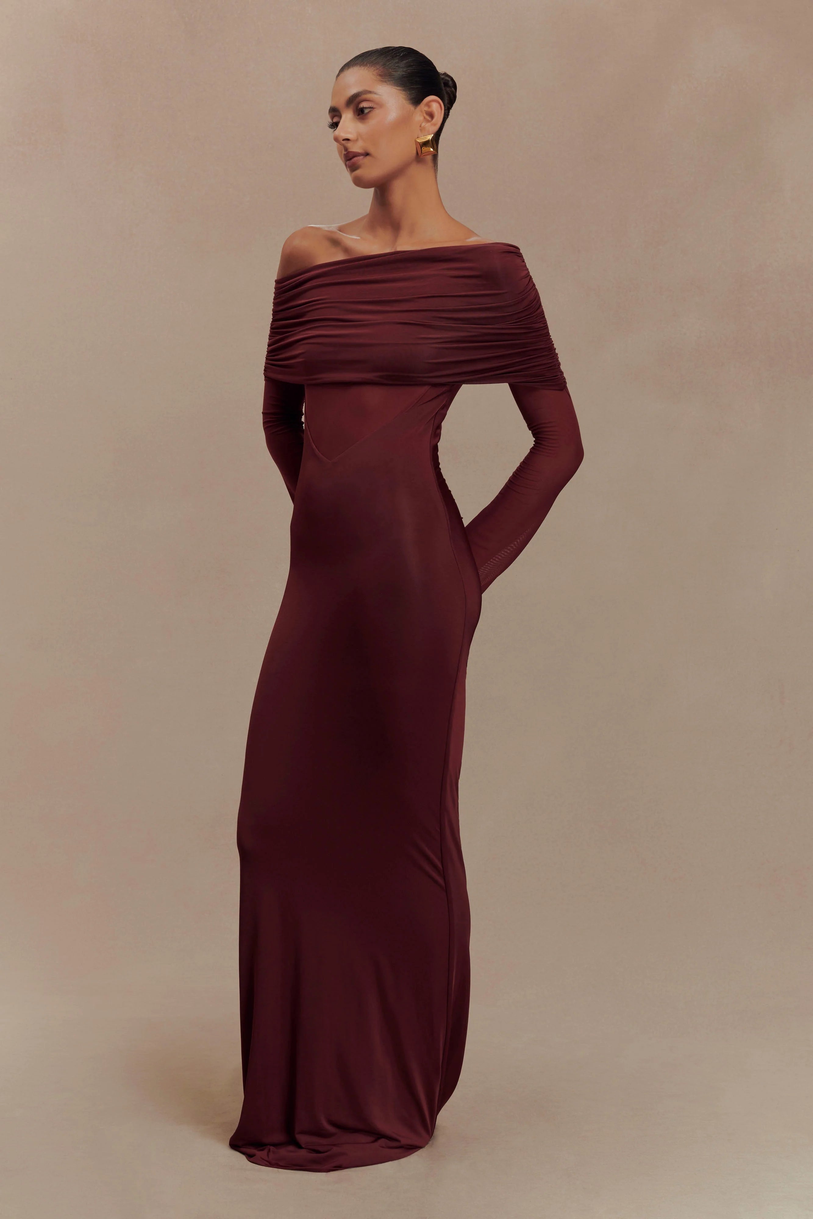 Kaitlin One Shoulder Slinky And Mesh Maxi Dress Burgundy