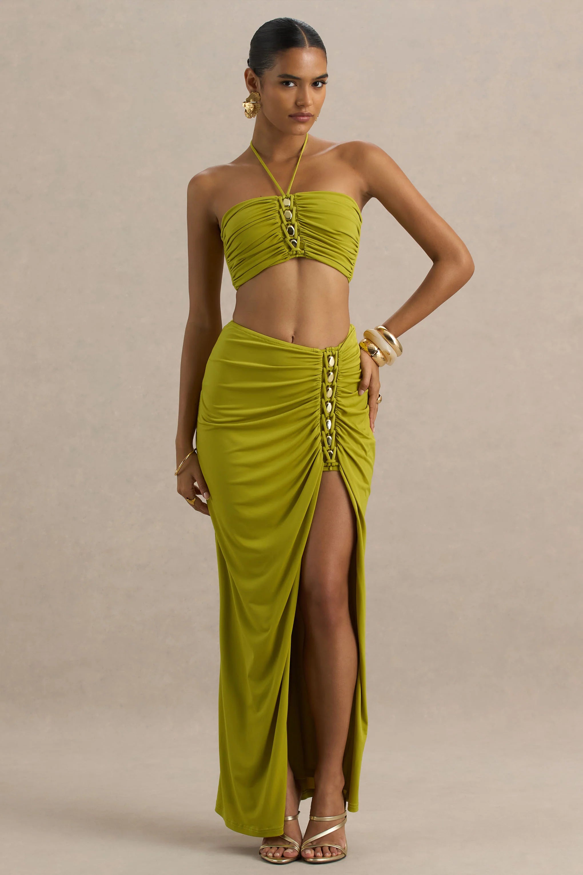 Coastline Green Ruched Maxi Skirt With Split