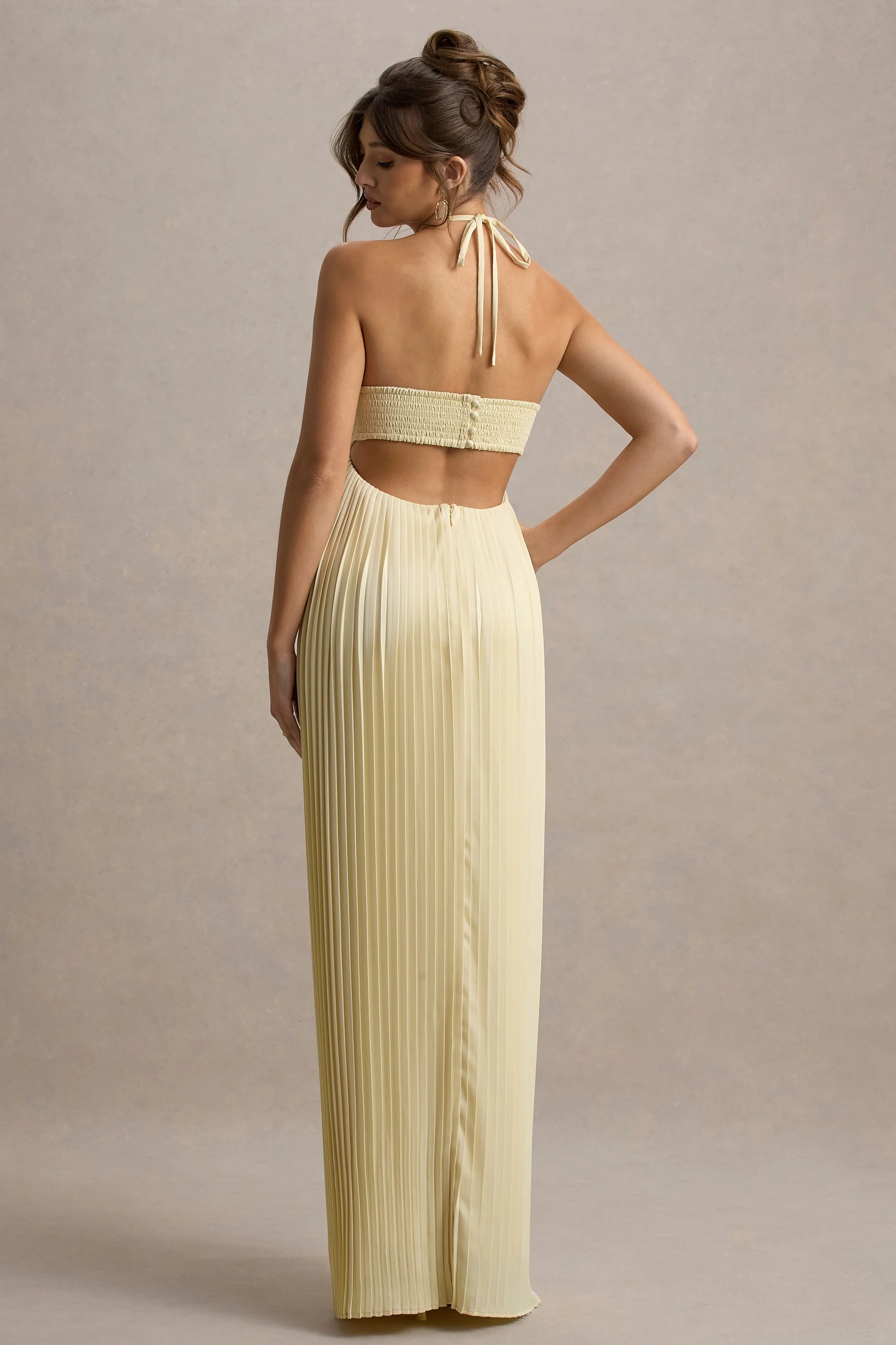 Elayne Pale Lemon Halter Neck Maxi Dress With Cut Out Detail