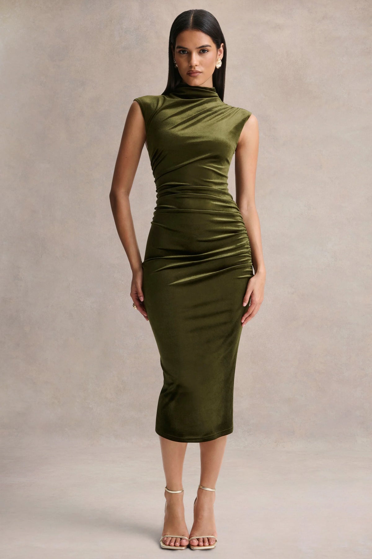 Novine Olive Velvet High Neck Midi Dress