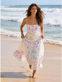 Women Floral Maxi Dress Smocked Spaghetti Strap Lace Patchwork Tiered Boho Long Dress Vacation Garden Party