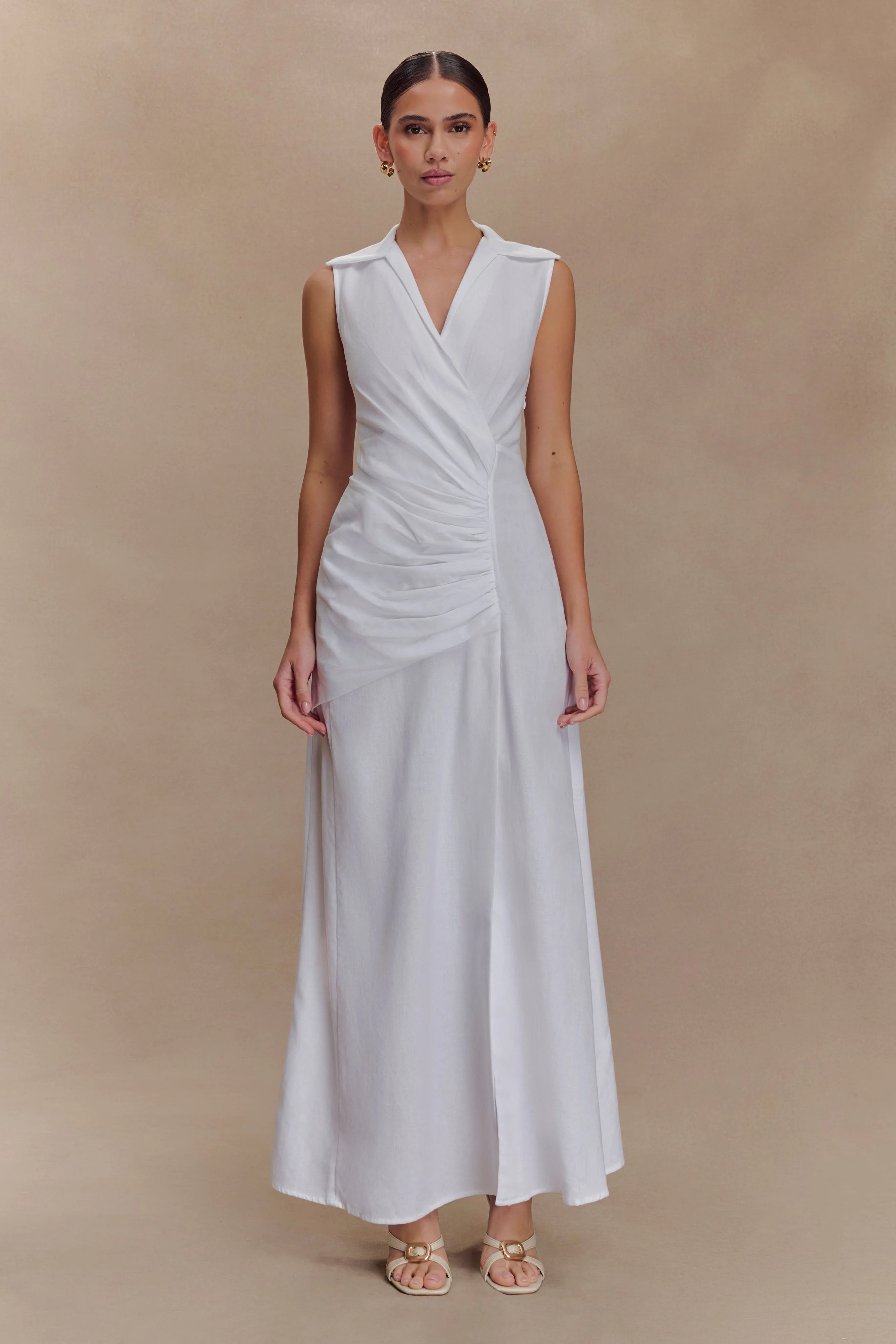 Dante Ruched Linen Midi Dress White