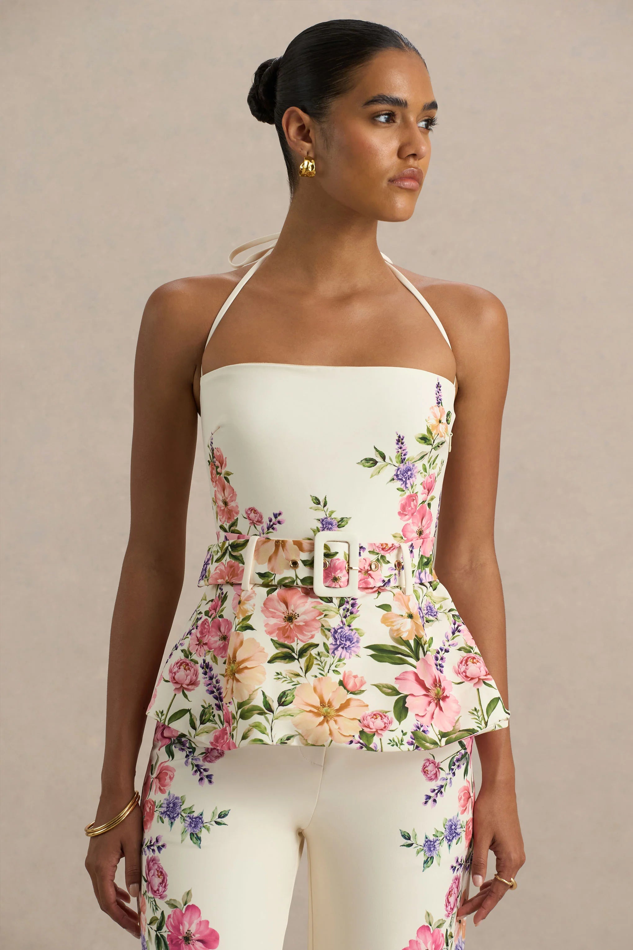 Maud White Floral Border Print Square Neck Tailored Top