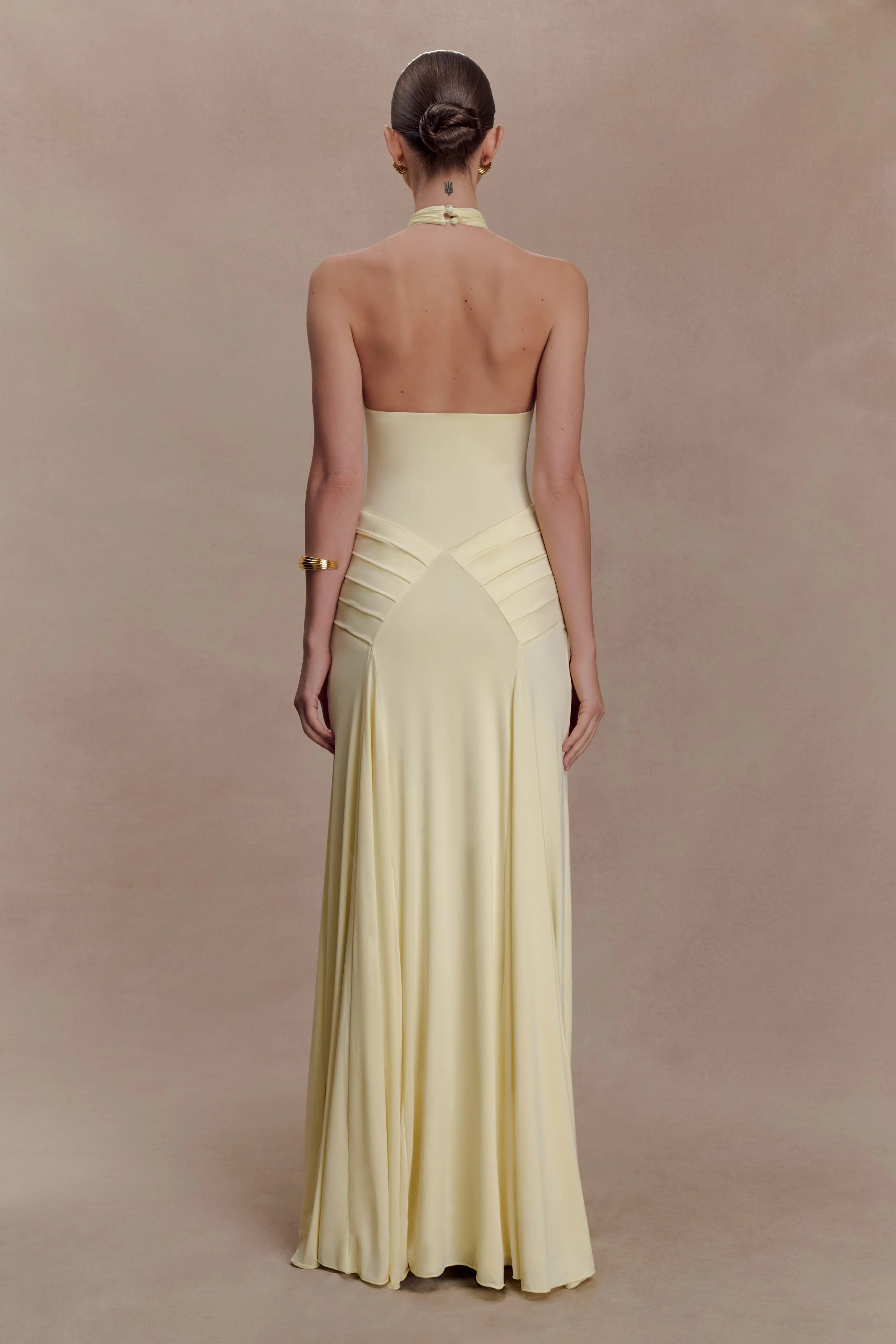 Indira Gathered Slinky Halter Maxi Dress Lemon