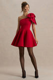 Prosperity Red Asymmetric Neck Mini Dress With Bow Detail
