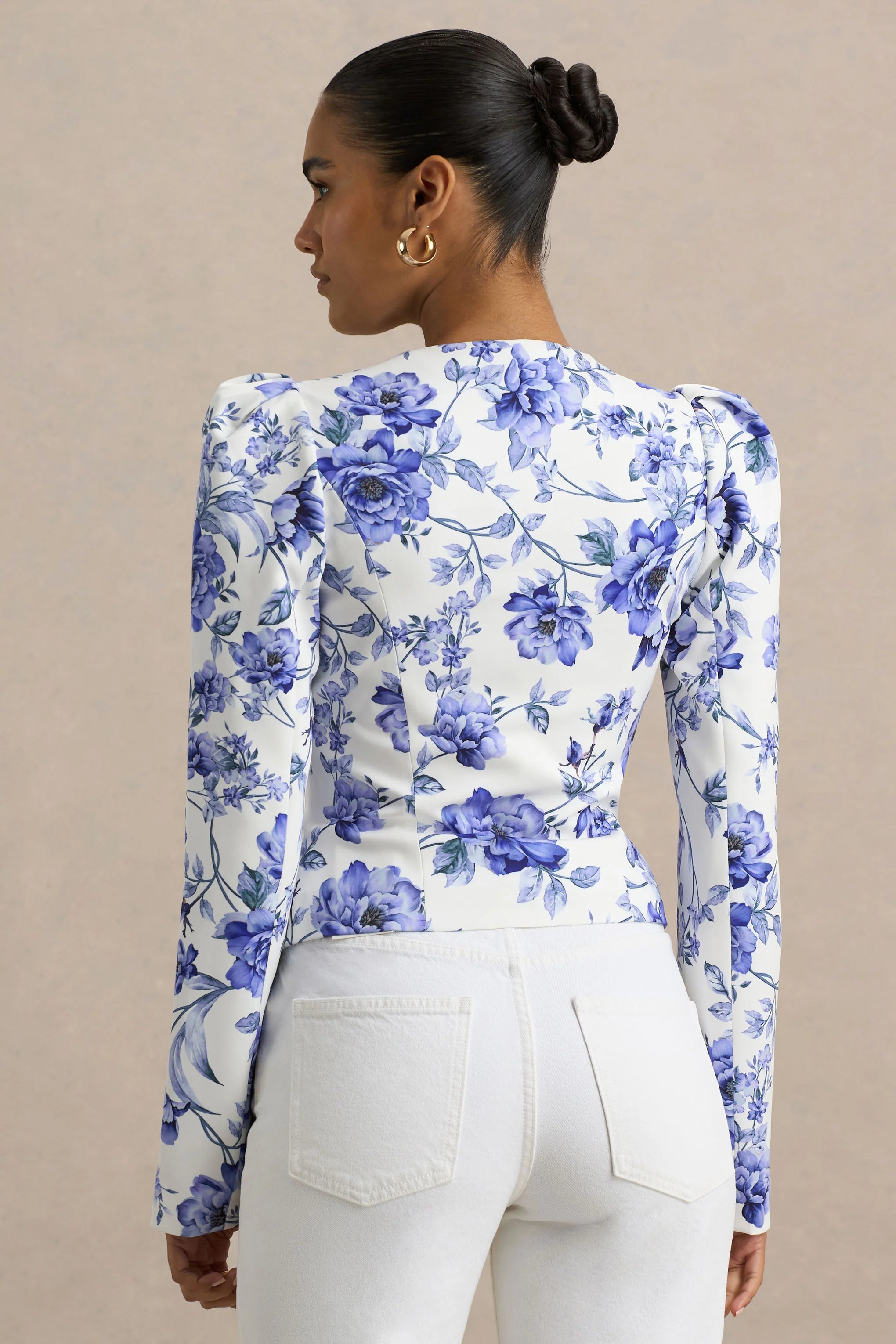 Olympia Blue Floral Print Sweetheart Neck Tailored Top