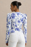 Olympia Blue Floral Print Sweetheart Neck Tailored Top