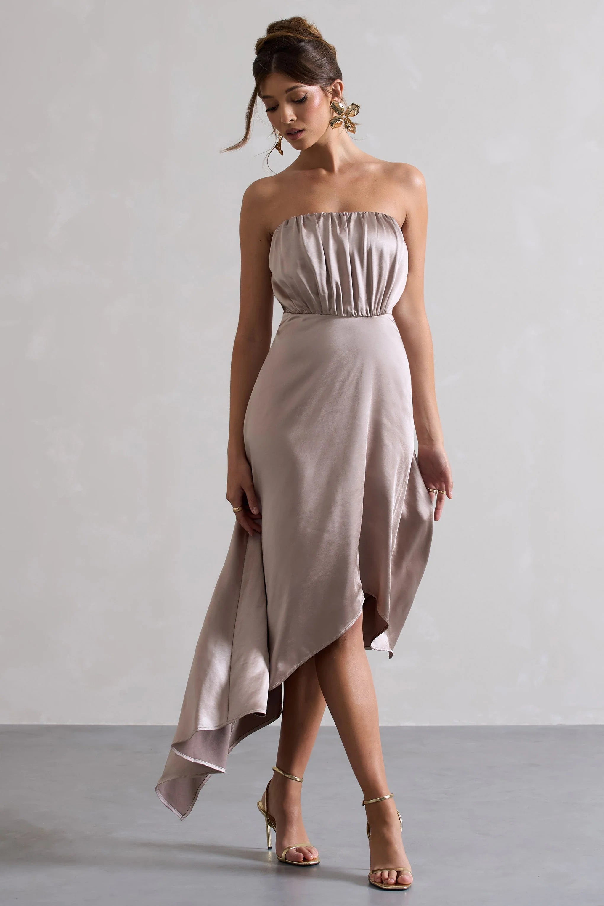 Willa Taupe Satin Bandeau Maxi Dress With Asymmetric Hem