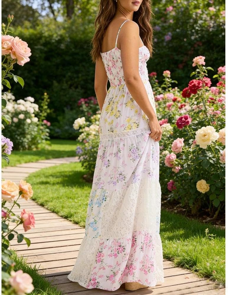 Women Floral Maxi Dress Smocked Spaghetti Strap Lace Patchwork Tiered Boho Long Dress Vacation Garden Party