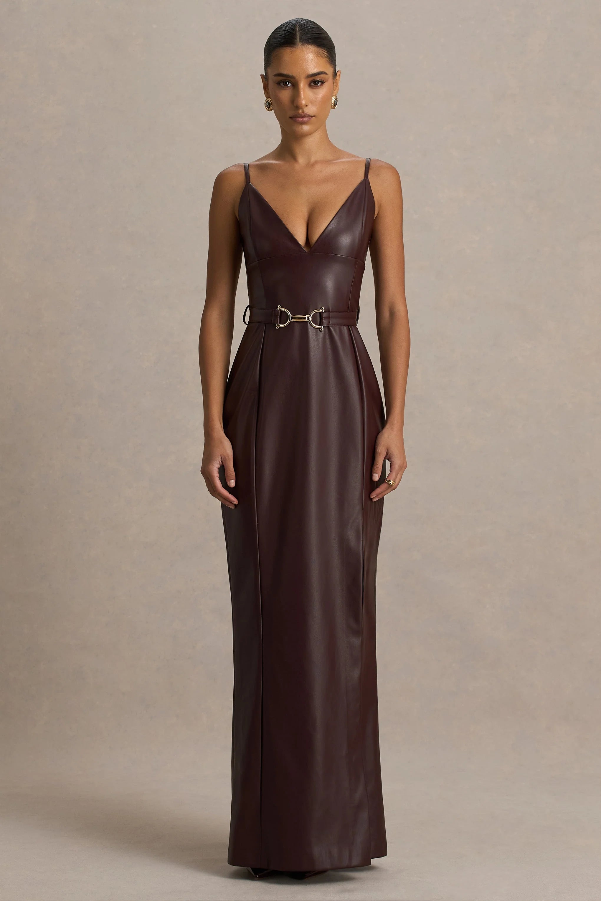 Lila Burgundy Faux Leather Plunge Neck Maxi Dress With Split