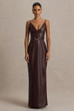 Lila Burgundy Faux Leather Plunge Neck Maxi Dress With Split