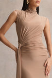 Solene Brown High Neck Maxi Dress With Wrap And Drape Detail