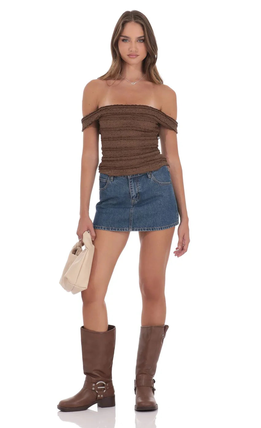 Ruffle Lace Off Shoulder Top in Brown