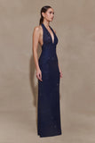 Harriet Halter Neck Diamante Maxi Dress Navy
