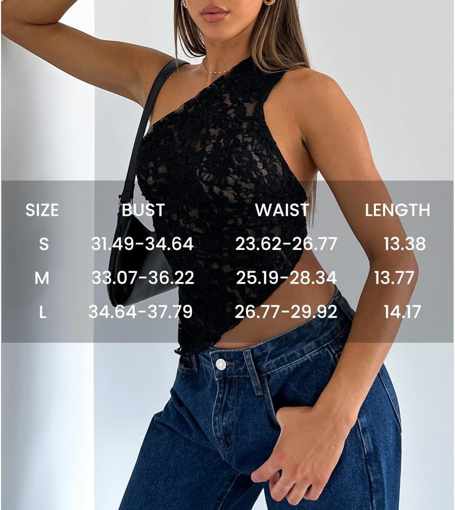 Women One Shoulder Lace Top Irregular Hem Backless Crop Tops See Through Sheer Tank Tops Going Out Clubwear