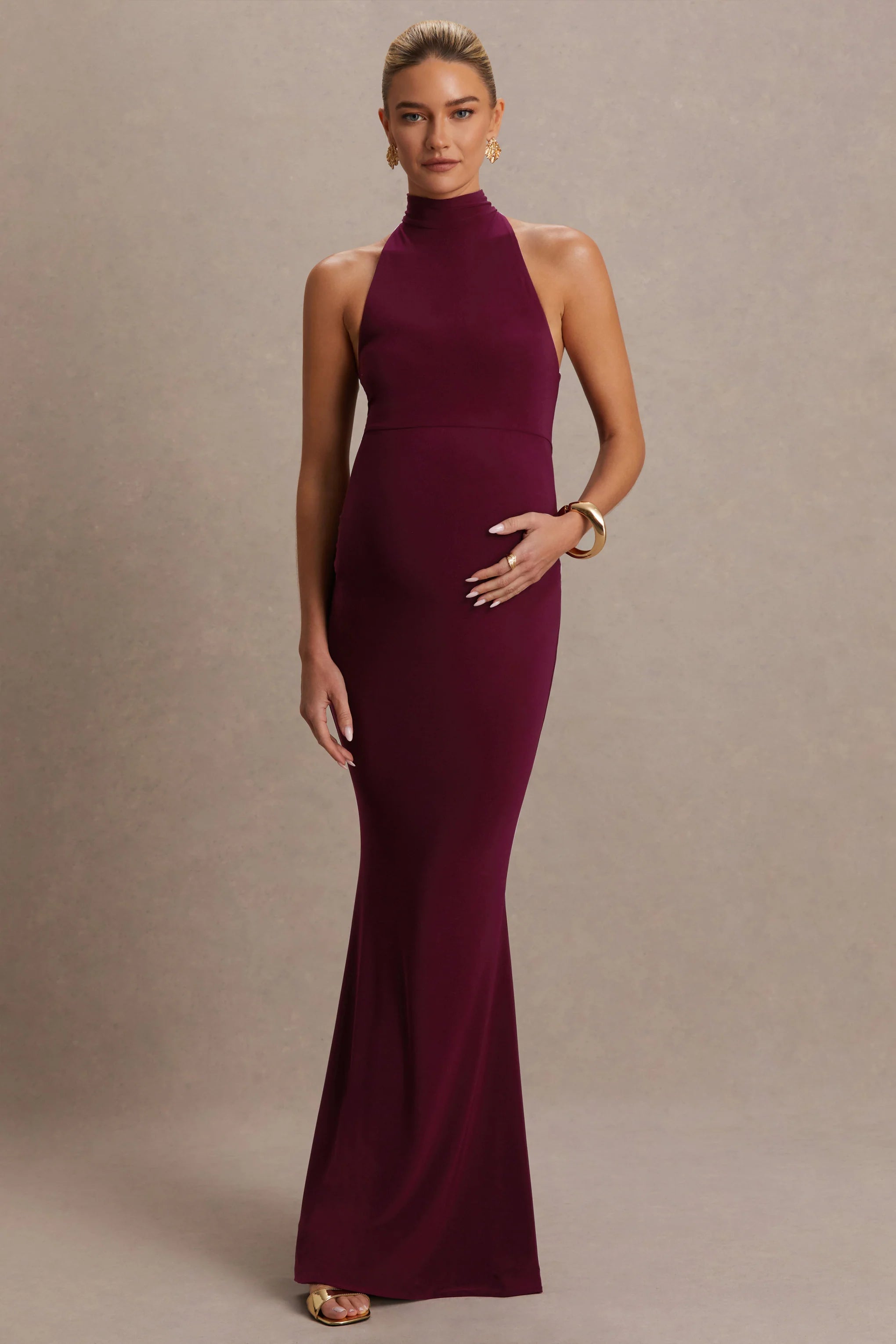 Kaia Burgundy Halter Neck Maternity Dress