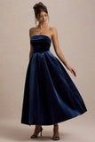 Addina Navy Velvet Bandeau Skater Midi Dress