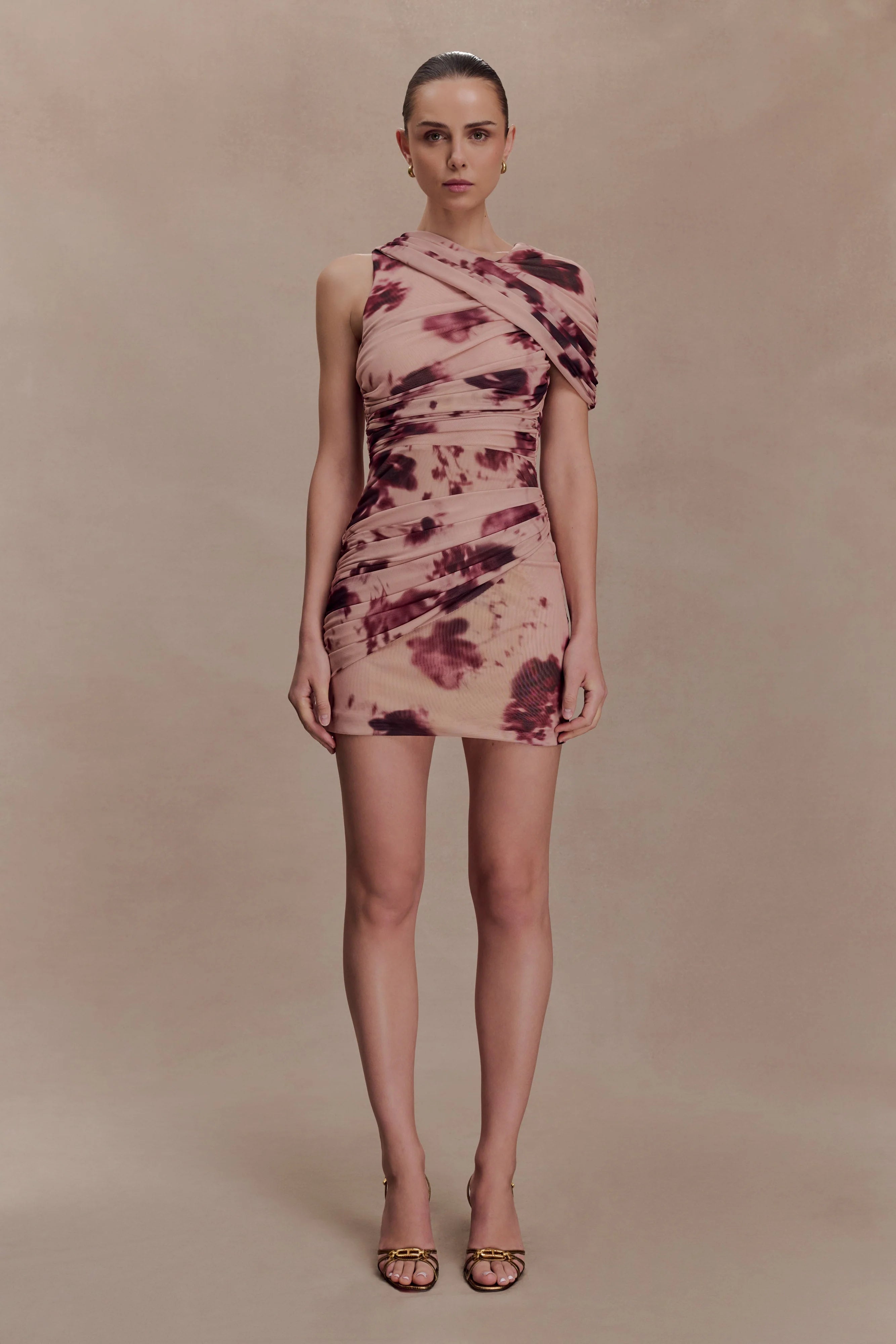 Adrienne One Shoulder Mesh Mini Dress Nude Blurred Floral Print