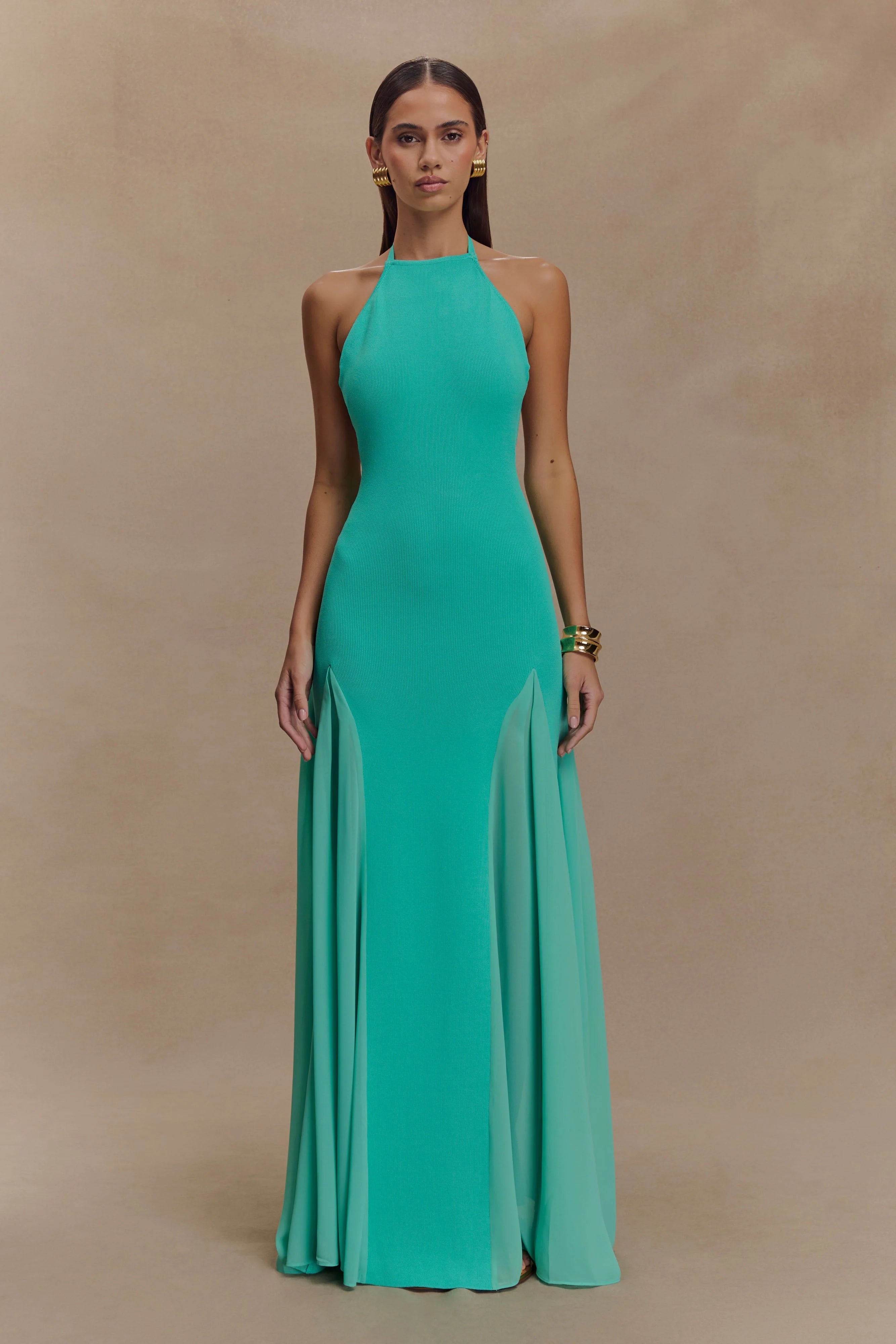 Soleil Knit And Mesh Halter Maxi Dress Lagoon