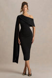 Leah Black Asymmetric Neck Midi Dress With Cape Sleeve