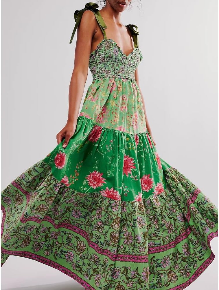 Women Floral Maxi Dress Tie Shoulder Patchwork Smocked Flowy Boho Dress with Pockets Summer Vacation Sundress
