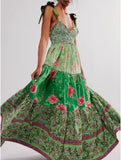 Women Floral Maxi Dress Tie Shoulder Patchwork Smocked Flowy Boho Dress with Pockets Summer Vacation Sundress