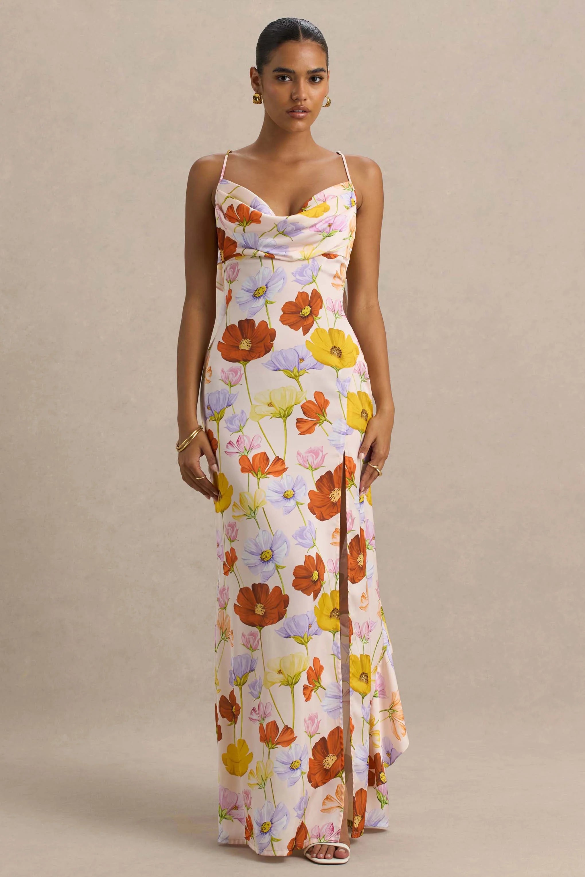Thames Bright Floral Print Satin Cowl Neck Maxi Dress