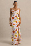Thames Bright Floral Print Satin Cowl Neck Maxi Dress