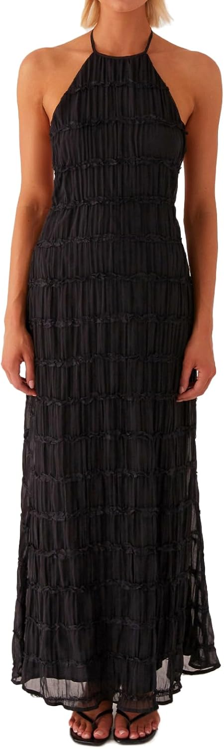 Women Backless Dress Sleeveless Textured Halter Open Back Maxi Dresses Vacation Wedding Guest