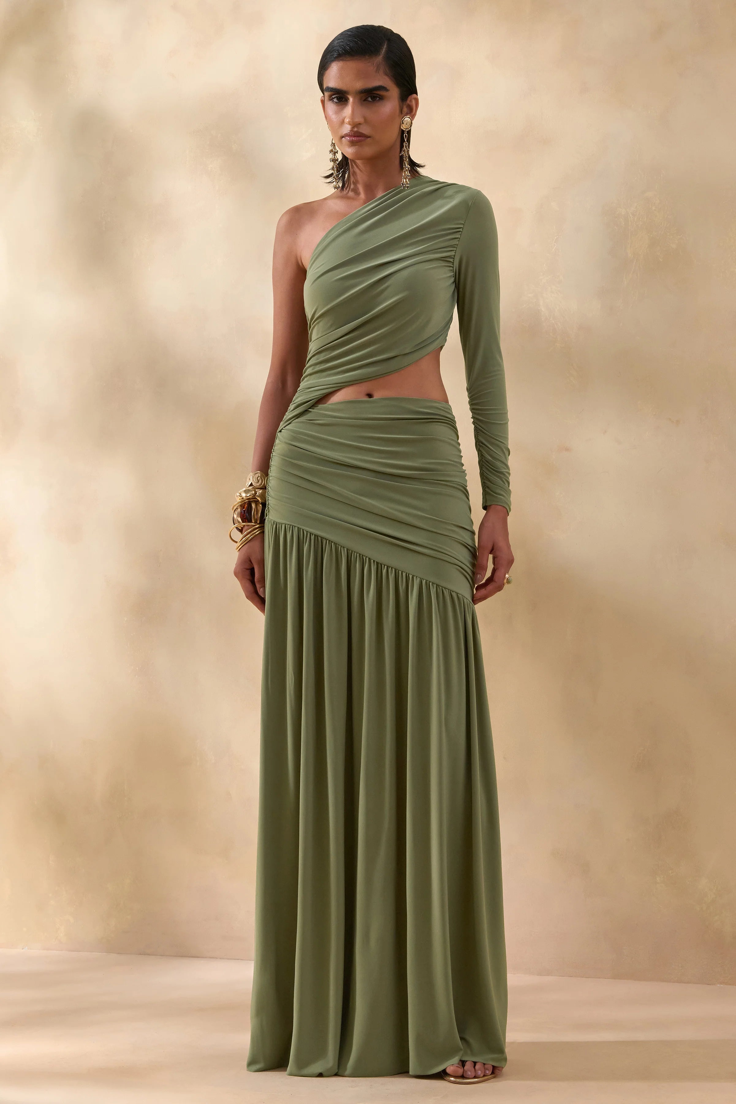 Kinsley Olive Asymmetric Neck Maxi Dress With Body Cut Out Detail