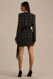 Mela Black And White Polka Dot Plunge Neck Mini Dress With Bell Sleeves And Sash Detail