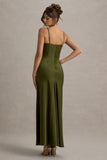 Eimear Olive Green Satin Draped Sweetheart Maxi Dress