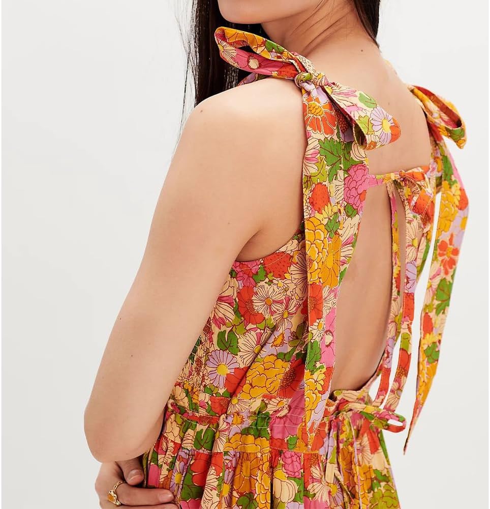 Women Floral Maxi Dress Tie Shoulder Cutout Backless Boho Smocked Flowy Dresses Summer Fall Sundress