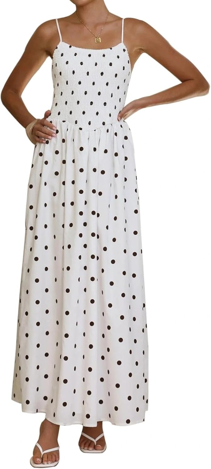 Women Polka Dot Maxi Dress Smocked Spaghetti Strap Flowy Sundress Summer Beach Vacation