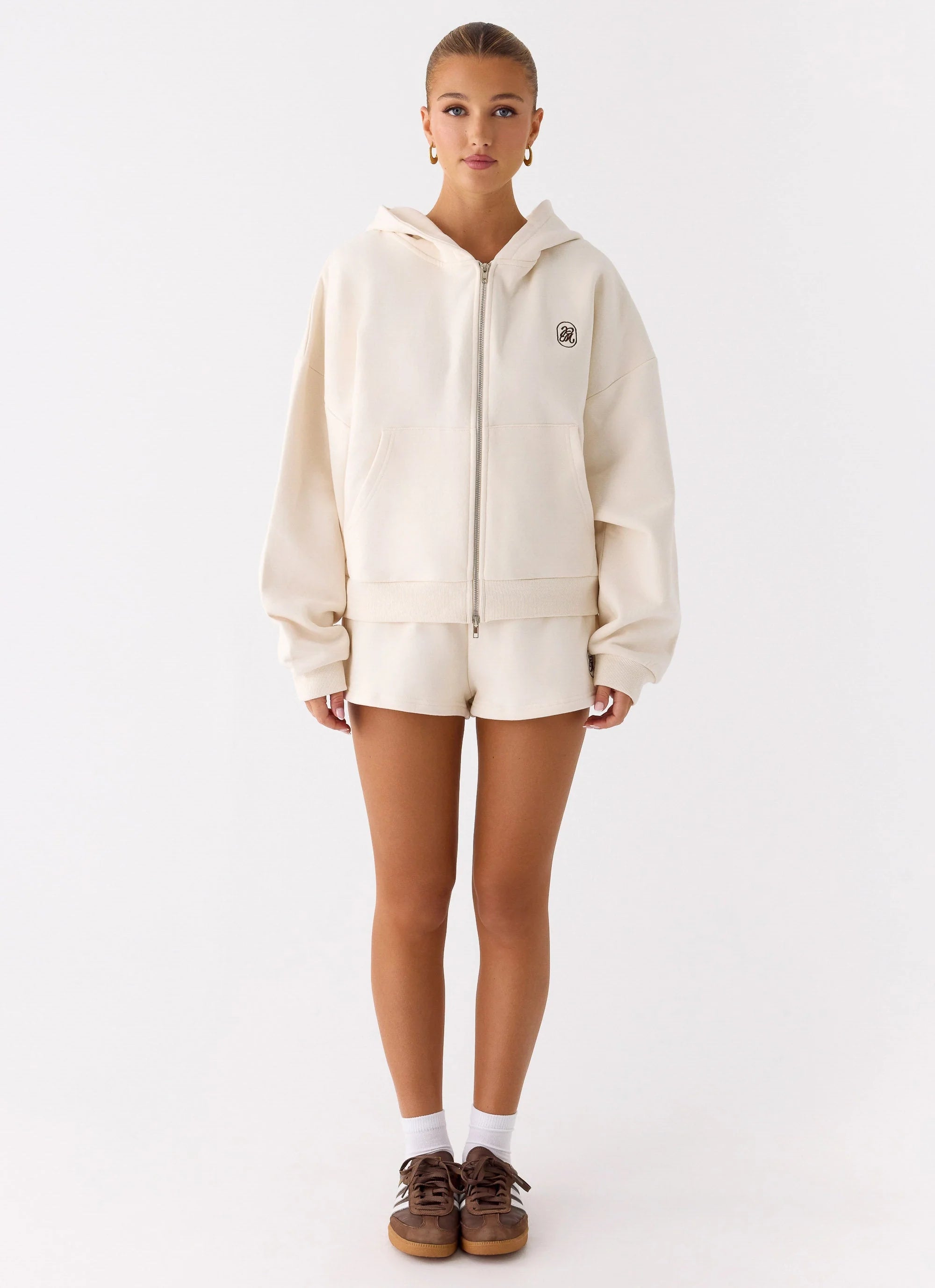 Signature Double Zip Up Hoodie Cream