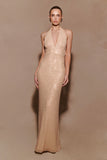 Harriet Halter Neck Diamante Maxi Dress Sandy Gold
