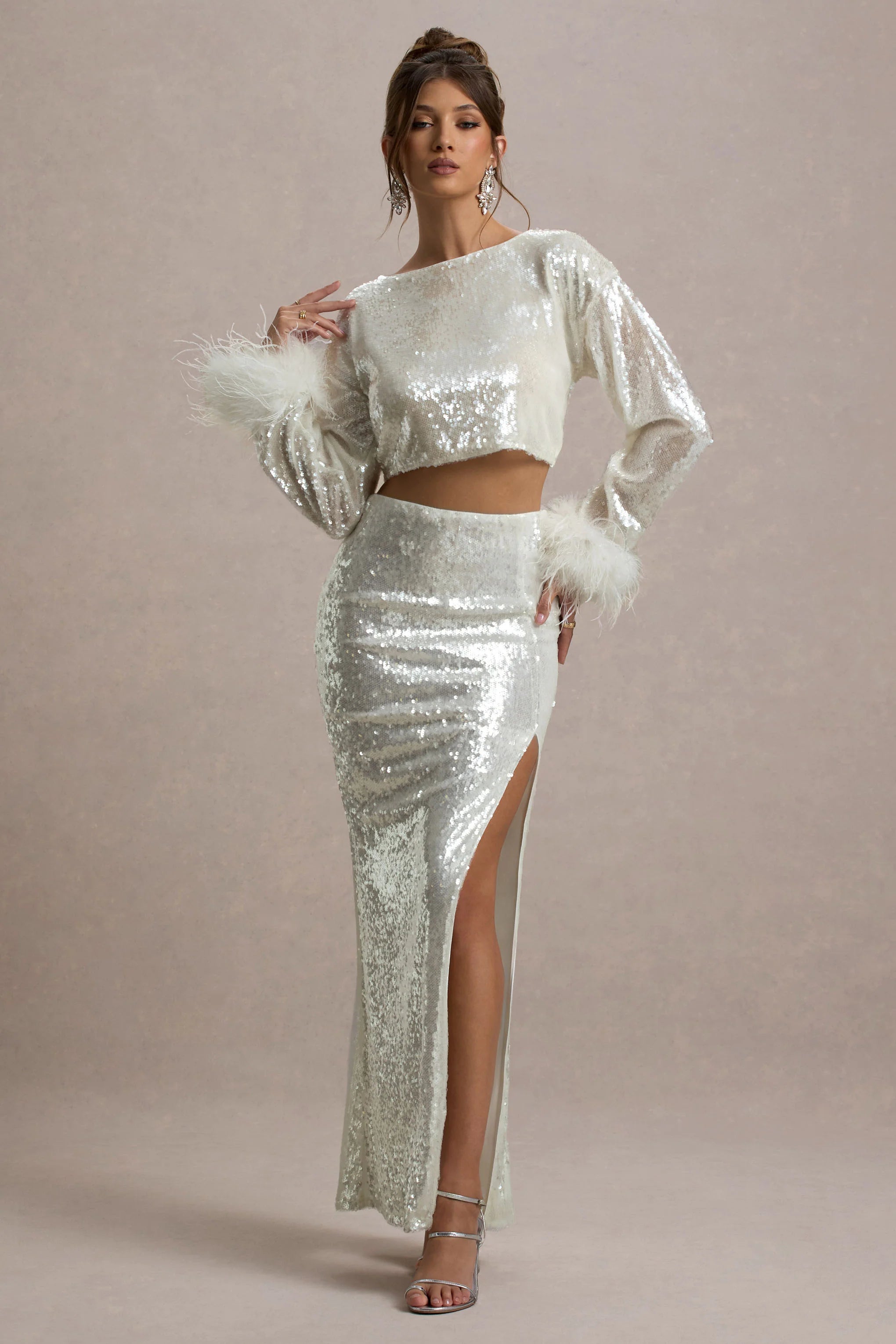 Raia Sand Sequin Split Maxi Skirt