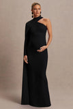 Tessy Black Asymmetric Neck Maternity Maxi Dress With Cape Sleeve